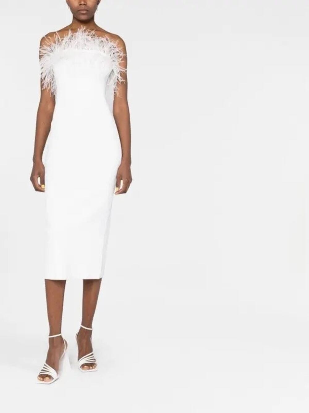STAUD Nellie Ostrich Feather Trim Strapless Midi Dress White XS